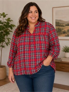 Cherry Betty Red Plaid‎ Ruffle V-Neck Bubble Sleeve Top 3XL Dark Academia Preppy